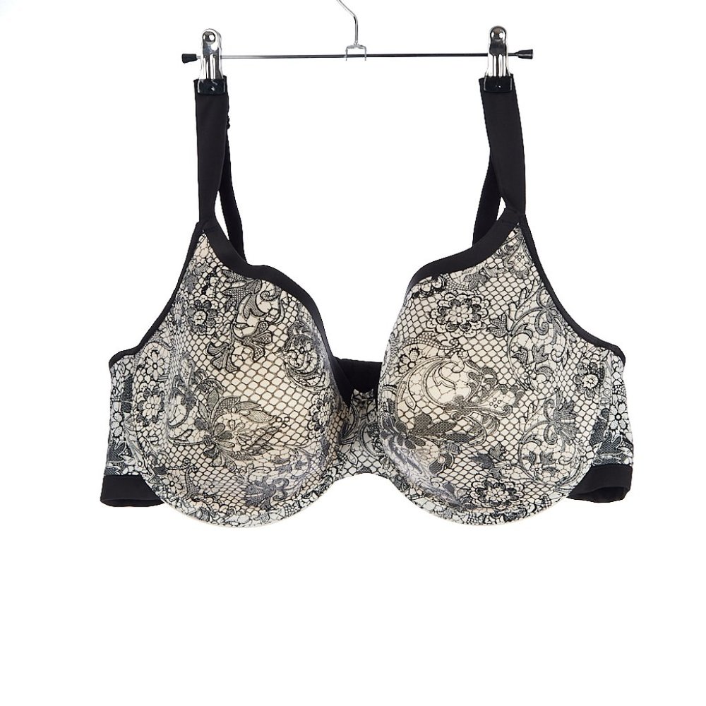 Cacique Lightly Lined Full Coverage T-Shirt Bra Black Lace Print Underwire 46DDD